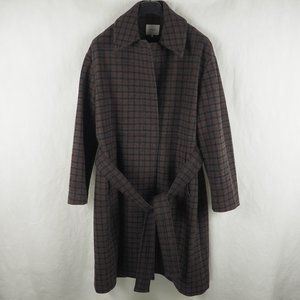 Vince Women's Coat Belted Checked Long Trench Wool-Blend Dark Gray Large